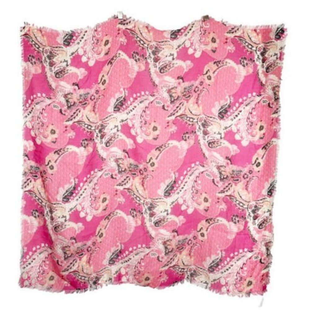 Pink Purple White Paisley Floral Large Scarf Wrap Square Soft Viscose Fringed